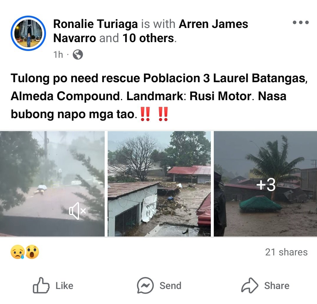 mstlyaiah's tweet image. PLEASE RETWEET PO ‼️‼️

NASA BUBONG NA PO ANG MGA TAO, WALA NA PO SILANG MAHANAP NA WAY PARA MAKA-ALIS SINCE LUMALAKAS NA RIN PO ANG HANGIN AND MALAKAS PO AGOS NG BAHA.

Location: Poblacion 3, Laurel Batangas (Almeda Compound)
Landmark: Rusi Motor

#KristinePH #ResuePH