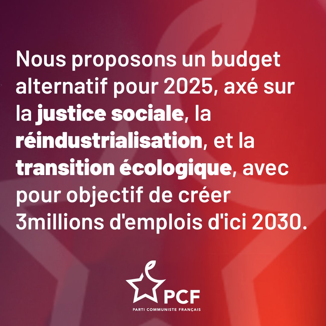 PCF's tweet photo. Nous choisissons d'engager notre pays dans une dynamique positive et porteuse d'espoir !

Un budget alternatif pour 2025 axé sur la justice sociale, la réindustrialisation et la transition écologique avec pour objectif de créer 3 millions d'emplois d'ici 2030 https://t.co/kq2fTFbjNs ⬇️

#Budget2025