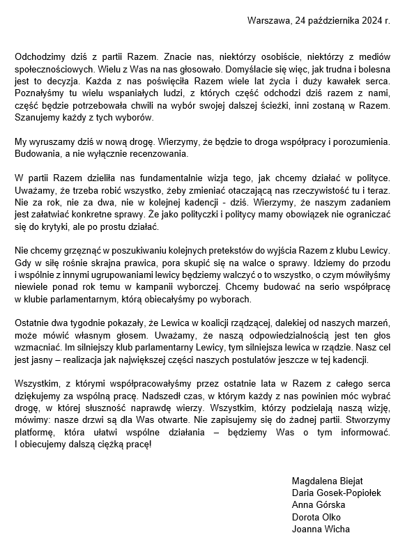 Wraz z <a href="/AnnaGorska_PL/">Anna Górska #Biejat2025</a>, <a href="/dgpopiolek/">Daria Gosek-Popiołek</a>, <a href="/dorota_olko/">Dorota Olko #Biejat2025</a>  oraz <a href="/JoannaWicha/">Joanna Wicha/Lewica</a> podjęłyśmy decyzję o opuszczeniu partii Razem. Nasze pełne oświadczenie w tej sprawie: