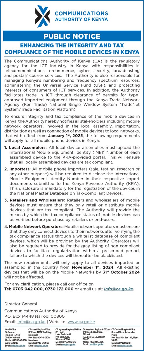 AmbokoJH's tweet photo. Very important notice coming from the Communication Authority of Kenya around mobile devices & tax compliance effective Jan 1st, 2025. 

Musings:

· To make sense of this, you need to go back to March 2023 when KRA issued the notice around cargo de-consolidation & the shift from Kes 200/kg to the per transaction charges (see quoted 🧵for an explainer)
· Remember the challenge being solved here was the fact that of when cargo consolidation happens, goods with diverse import duty rates can be bundled together & revenue slippage happens
· You may also remember the stockouts of smart phones in the market that followed this shift. Traders decried the switch, some opted to forget about the cargo altogether
· In my inference, the notice from the Communication Authority of Kenya is simply a step up on this measure
· Essentially, what this means is that whereas in the first phase GOK targeted importers through cargo de-consolidation, it is now widening its reach to target local assemblers of phones, retailers & wholesalers as well as mobile network operators
· What this means is that come Jan 1st, 2025, if there's any device in this market that is found to be non-compliant from a duty/tax standpoint, the retailer/wholesaler has questions to answer; in the case of a locally assembled device, the assembler has questions to answer & finally the mobile network operator also has questions to answer
· The part of mobile network operators is important. My inference is that when you buy a sim card, part of the sim registration exercise will be demanding evidence that the device onto which it's being inserted be tax compliant. This will get interesting
· Question, what will happen in the case of devices already loaded with sims yet are non-compliant from a tax standpoint? Are we looking at switch off?