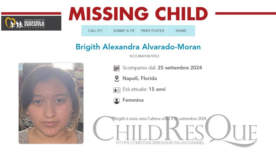 Bera49164308's tweet photo. 🚨AMBER ALERT🚨

‼️SCOMPARSA Brigith Alexandra Alvarado-Moran  15 anni‼️

Ufficio dello sceriffo della contea di Collier (Florida) 1-239-252-9300

#24ottobre
#News_USA_Florida #Child_Missing https://t.co/sH5HWqYfQj