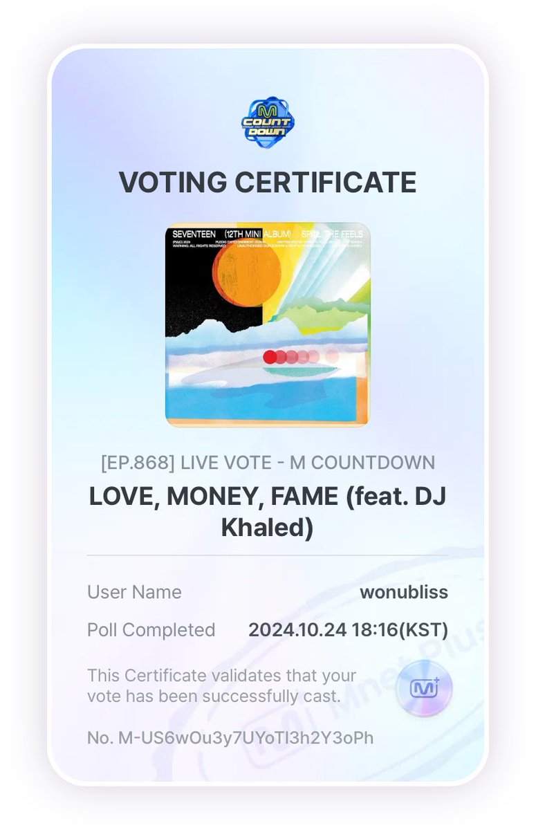 vote for love money fame on mnet plus for mcd live voting! 💎