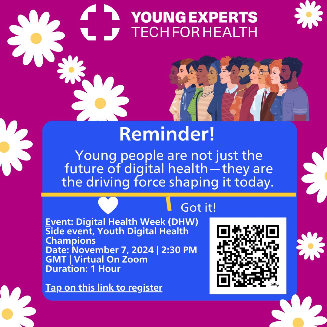 Young Experts: Tech for Health (YET4H) (@yet4uhc) on Twitter photo Join us at Digital Health Week to learn how young champions are transforming healthcare with digital innovation. Donโt miss their stories!
Register here : bit.ly/3Y7Tv1b
#YouthInHealth #DigitalInnovators #DHW2024 #DigitalHealthWeek2024
<a href="/Trans4m_Health/">Transform Health</a> Join us at Digital Health Week to learn how young champions are transforming healthcare with digital innovation. Donโt miss their stories!
Register here : bit.ly/3Y7Tv1b
#YouthInHealth #DigitalInnovators #DHW2024 #DigitalHealthWeek2024
<a href="/Trans4m_Health/">Transform Health</a>
