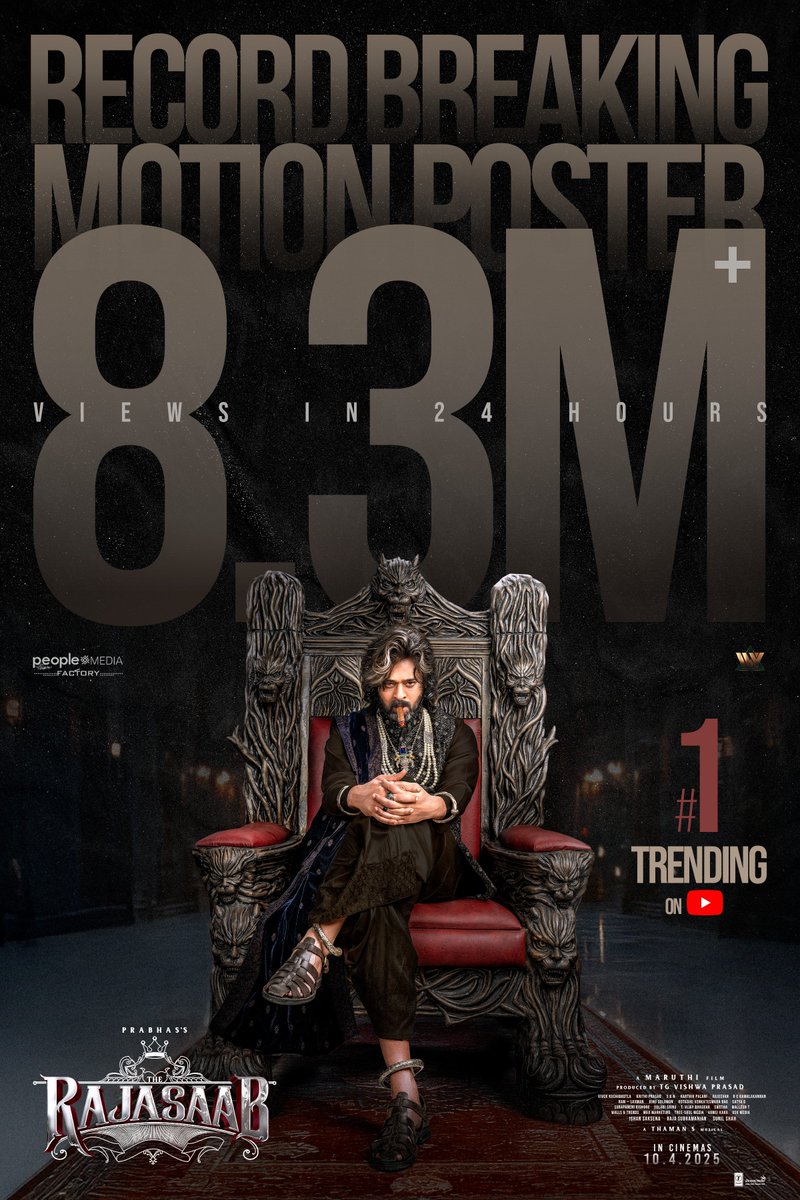 PrabhasRaju's tweet photo. #TheRajaSaab has shattered all expectations, hitting an unprecedented 8.3M REAL TIME VIEWS in just 24 hours🔥🔥

ALL-TIME HIGHEST for any motion poster in India! 💥 Rebel star #Prabhas once again proves his dominance with this Record-Breaking feat 🫡🛐

#RecordBreakingRajaSaab https://t.co/udMIUJCczb