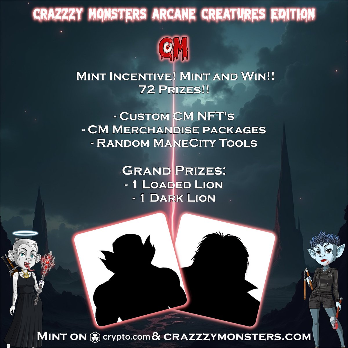 🎉💀 Crazzzy Monsters: Arcane Creatures Edition Mint Incentives are CRAZZZY! 🚀

We’re giving away exclusive prizes including Loaded Lion NFTs, Dark Lions, custom CM NFTs, merch packs, and Mane City Tool NFTs! 🎁

Get ready for a wild mint! 🌟
crypto.com/nft/drops-even…