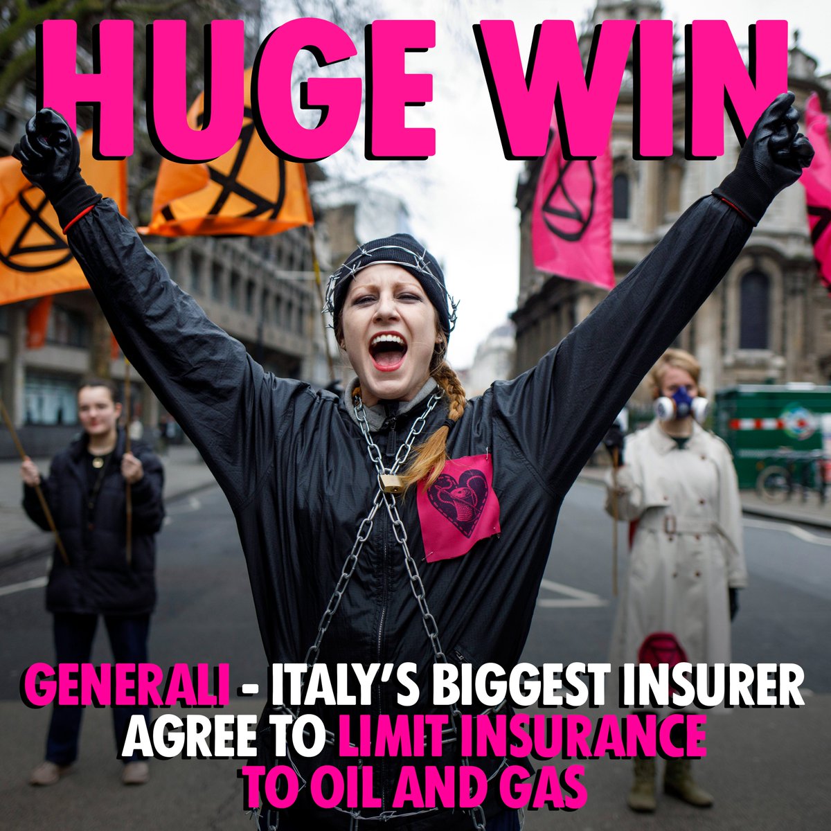 XRebellionUK's tweet photo. 🚨 BIG NEWS: @GENERALI just became the first major insurer to limit coverage for midstream &amp; downstream oil &amp; gas, including LNG! 

This sets a global standard by cutting ties with #fossilfuel laggards. But we need more action!

Join #InsureOurSurvival in London starting Monday✊ https://t.co/qr9TqoTpU0