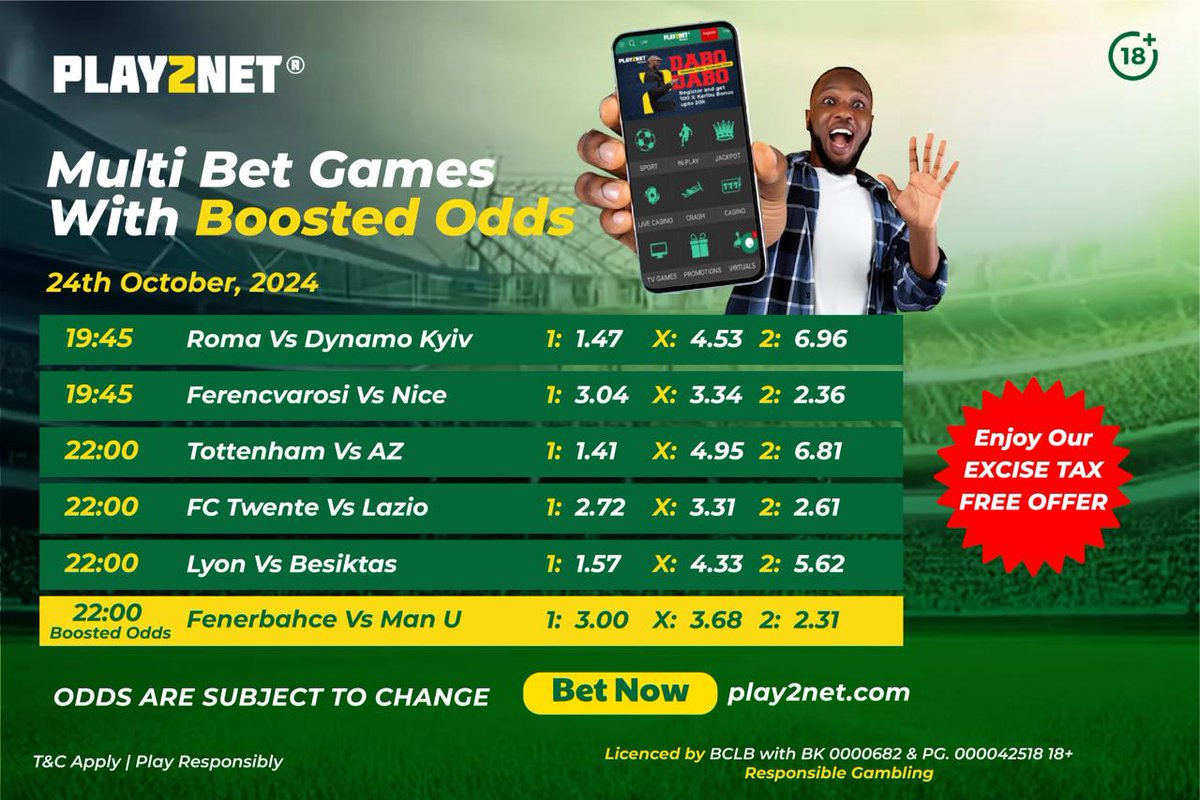 play2netkenya's tweet photo. Leo #Europaleague imerudi na uzito champezβ½π₯ ! Changamkia INSTANT WITHDRAWALS na BOOSTEDODDS kibao.β‘
Cheza Hapa https://t.co/FxyOI5TZGV
#Play2net #Boostedodds #Xavi #Nunes #Kompany #ManUnited #Ajax #Haaland #Mbappe #ArneSlot #Mancity #Raphinha #olise https://t.co/Zm6sWkT7t8