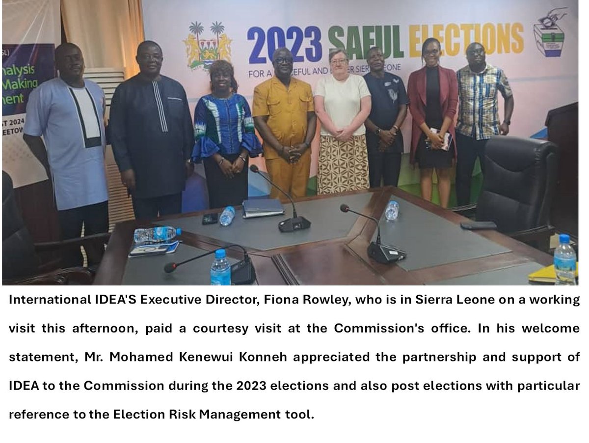 The Electoral Commission for Sierra Leone (@ecsalone) on Twitter photo ECSL and International IDEA Strengthen Collaboration for Post-Election Progress in Sierra Leone:
ECSL welcomed Fiona Rowley, Executive Director of <a href="/Int_IDEA/">International IDEA</a> & thanked IDEA for their support in the 2023 elections! #ElectionSupport #IDEA #DemocracyInAction ECSL and International IDEA Strengthen Collaboration for Post-Election Progress in Sierra Leone:
ECSL welcomed Fiona Rowley, Executive Director of <a href="/Int_IDEA/">International IDEA</a> & thanked IDEA for their support in the 2023 elections! #ElectionSupport #IDEA #DemocracyInAction