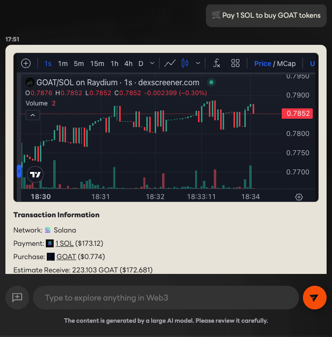 0xalphanet's tweet photo. AlphaOS New Feature Release🔥

Introducing Candlestick Chart Display 📈

Now when you inquire about Token-related info in AI conversations or are about to make a AI transaction, AlphaOS will automatically display the candlestick charts of key Tokens, helping you easily track price changes and trends.
This feature is now live on both the web and plugin, giving you a more convenient way to understand Token price movements in real time.
AlphaOS is here to help you uncover more alpha!

Let's try it!：https://t.co/lGjglHLRfM