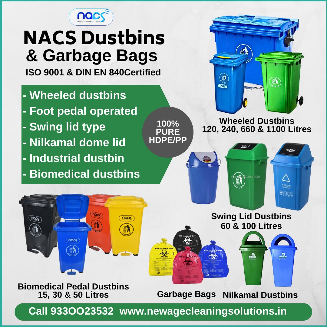 newagecleaning's tweet photo. We offer ISO 9001 and DIN EN 840 quality certified plastic dustbins at most reasonable prices. Contact 9330023532 for more details https://t.co/JMbVLqgfGb