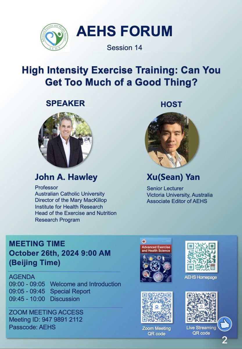 I am honoured to be hosting Prof John Hawley @JohnAHawley  this Saturday at 12 pm (Melbourne time) for the 14 AEHS Forum, a free and open symposium on a topic I am truly passionate about! I invite you all to join us via Zoom!