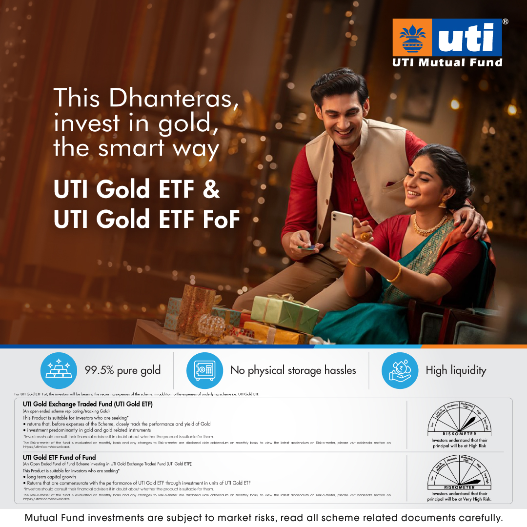 utimutualfund's tweet photo. This Dhanteras, invest in gold the smart way. Invest in UTI Gold ETF and UTI Gold ETF FOF.

#UTIMutualFund #UTIGoldETF #UTIGoldETFFoF #GoldETF #GoldETFFoF #FinancialPlanning #FinancialGrowth #Investment #MutualFundSahiHai https://t.co/9f33ancURD