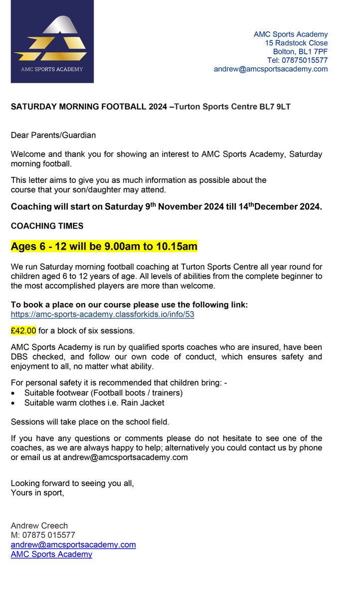 A new block of Saturday morning football coaching will be available between 9th November and 14th December!

Courtesy of AMC Sports academy.  Booking link... amc-sports-academy.classforkids.io/info/53

#football #coaching #bolton #sport