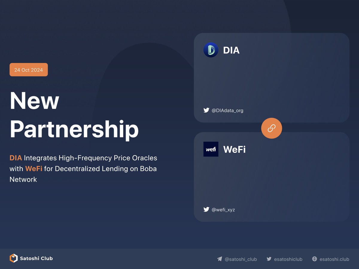 Satoshi Club (@esatoshiclub) on Twitter photo .<a href="/DIAdata_org/">DIA | Cross-Chain Oracles for Web3</a> has partnered with <a href="/wefi_xyz/">WeFi</a> to provide real-time ETH/USD and USDC/USD price oracles for its lending protocol on <a href="/bobanetwork/">Boba Network π§</a>.
These oracles update every 15 seconds, enhancing collateral management and market data accuracy for WeFiβs users. .<a href="/DIAdata_org/">DIA | Cross-Chain Oracles for Web3</a> has partnered with <a href="/wefi_xyz/">WeFi</a> to provide real-time ETH/USD and USDC/USD price oracles for its lending protocol on <a href="/bobanetwork/">Boba Network π§</a>.
These oracles update every 15 seconds, enhancing collateral management and market data accuracy for WeFiβs users.