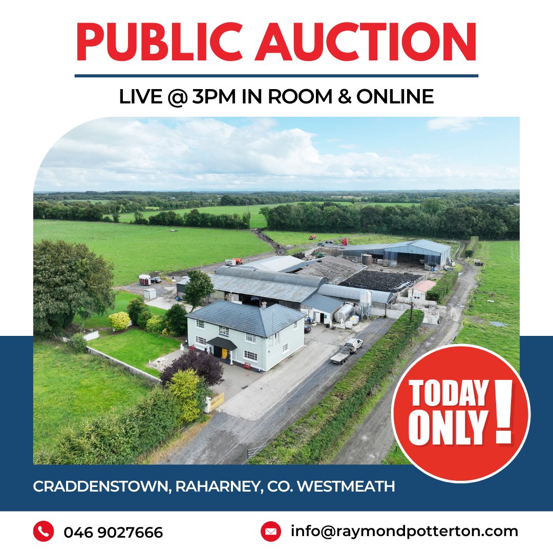 ⏰LIVE PUBLIC AUCTION TODAY⏰

📍Craddenstown, Raharney, Co. Westmeath
 
An incredible opportunity to acquire 213.82 Acres In Lots📌
 
Still time to register your interest today⬇️
raymondpotterton.com/property/cradd…