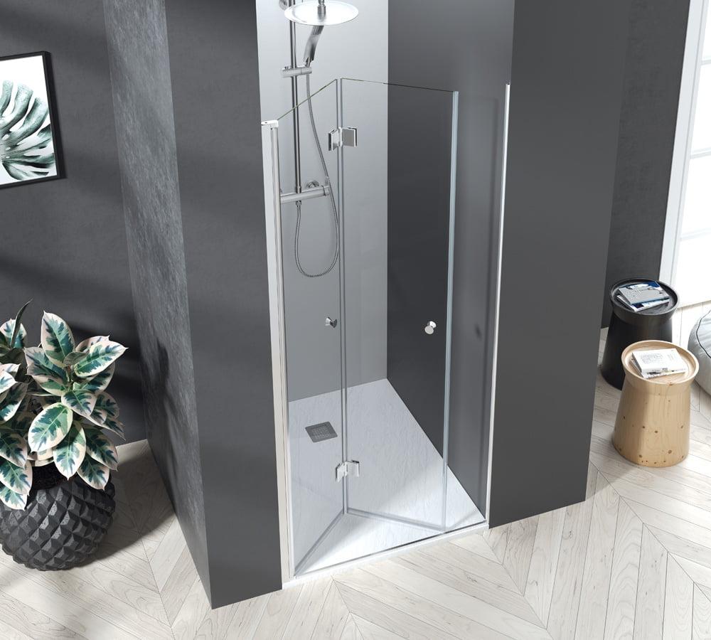 Mampara NIJAR 01 plegable de 2 hojas con bisagras centrales, acabados disponibles en BLANCO, cromo y negro mate, excelente mampara de ducha del fabricante nacional Becrisa, perfecta para duchas pequeñas o de difícil acceso. mamparas-ofertas.com/p11419777-mamp…