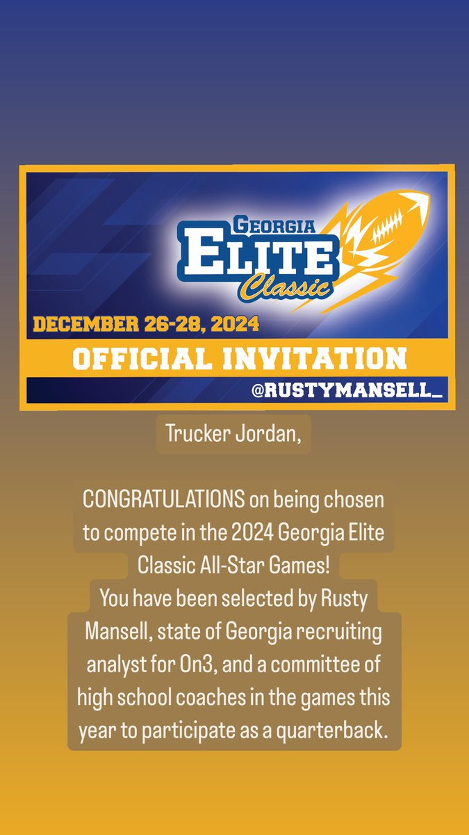 Excited to compete <a href="/GAEliteClassic/">GeorgiaEliteClassic</a> again this year! <a href="/RustyMansell_/">Rusty Mansell</a> <a href="/Carrollton_High/">Trojan Football</a> @On3Recruits <a href="/borntocompete/">Born to Compete™</a> <a href="/TheCoach_Barge/">Coach Barge</a> <a href="/QBC_Atlanta/">QB Country Atlanta</a> <a href="/QBHitList/">QBHitList.com</a> <a href="/tballardqbcoach/">Tony Ballard</a>