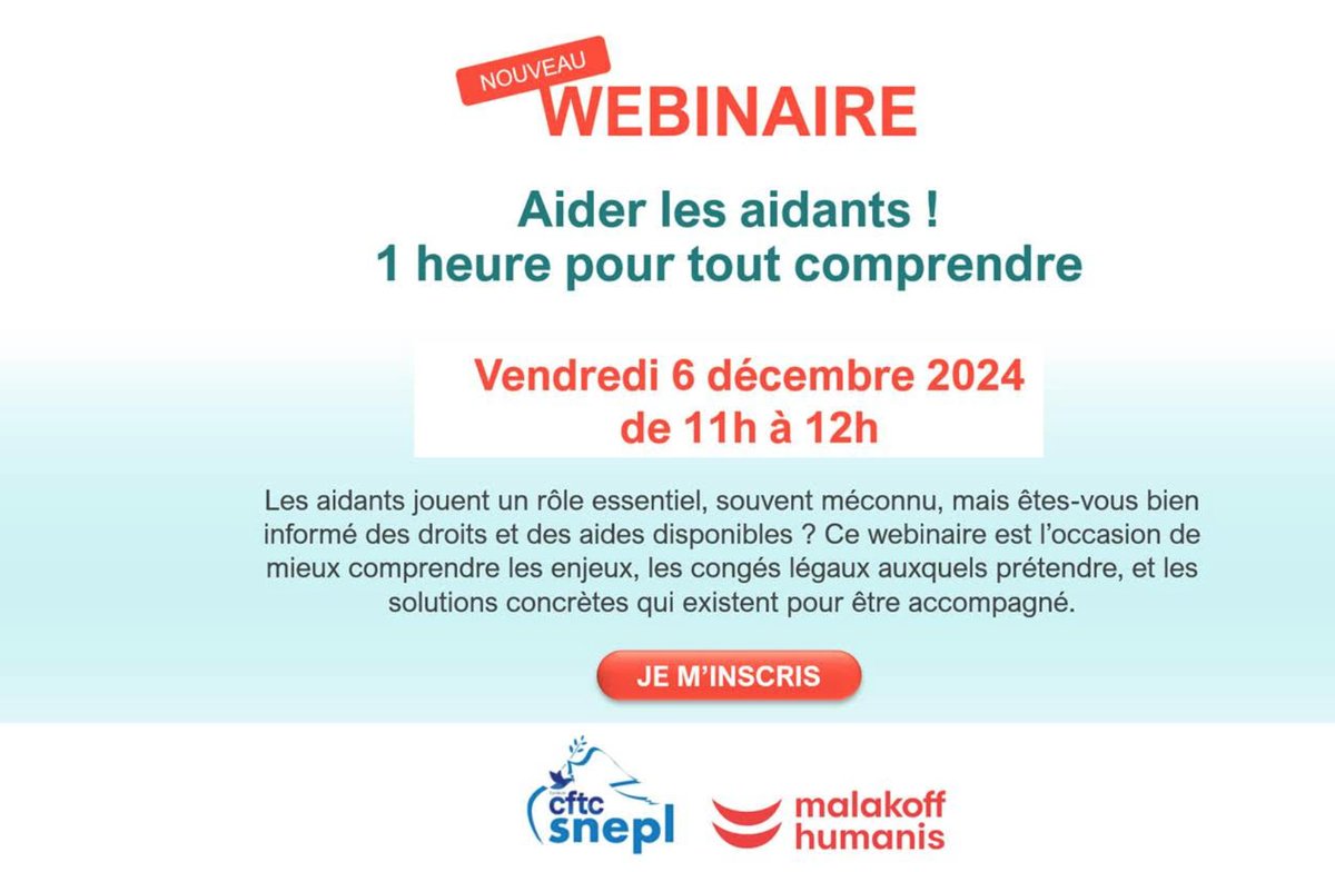 sneplcftc's tweet photo. #SNEPL #CFTC #FORMATION #AIDANT #WEBINAIRE
Vendredi 6 décembre : webinaire sur le thème :
"Aider les aidants, une heure pour tout comprendre !"
Inscription obligatoire sur notre site internet :
https://t.co/IFW3HgVrfV https://t.co/Soz6SaWgR5