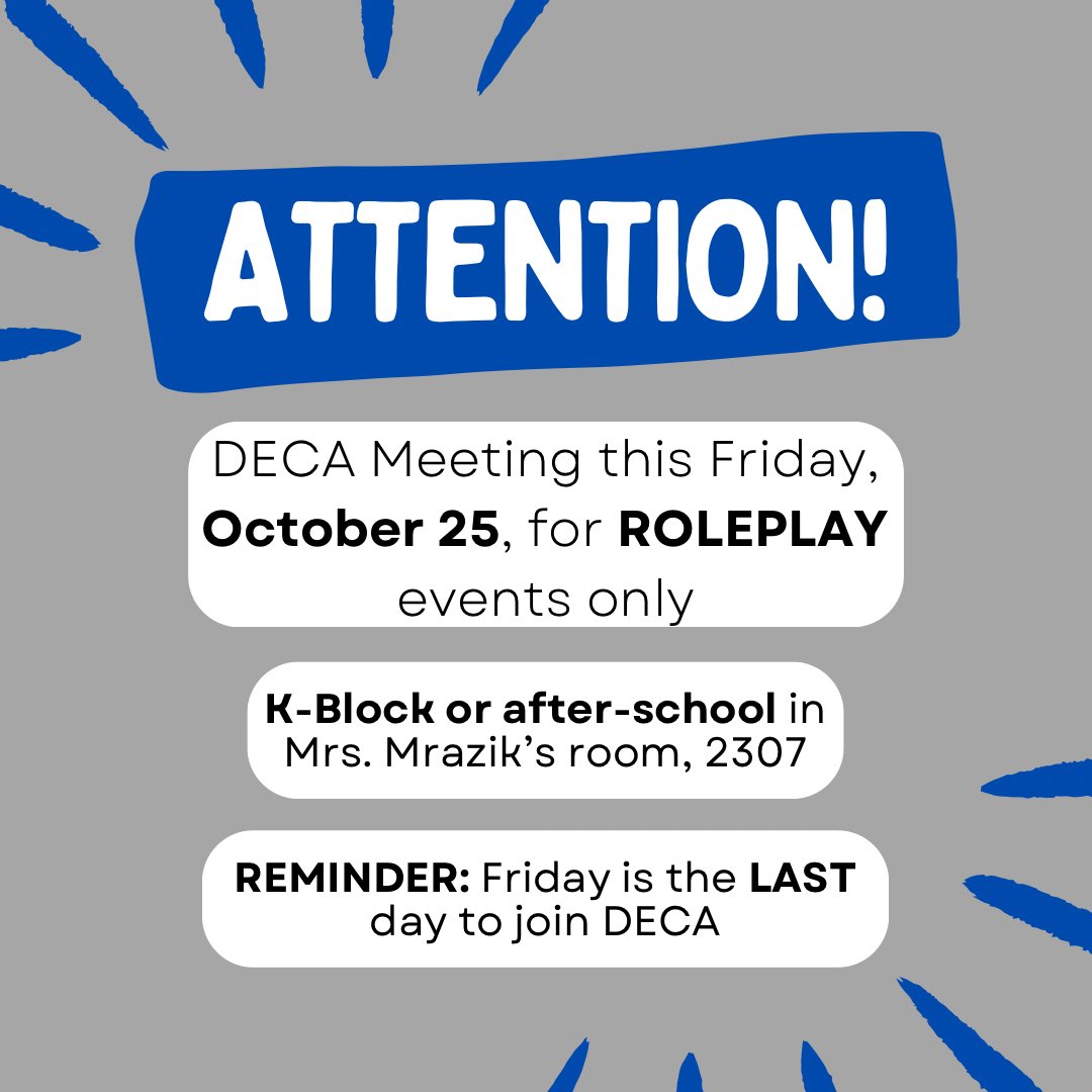 Come out to our meeting tomorrow for more information about our roleplay events and how to prepare for competition! REMINDER: tomorrow is the last day to join DECA.