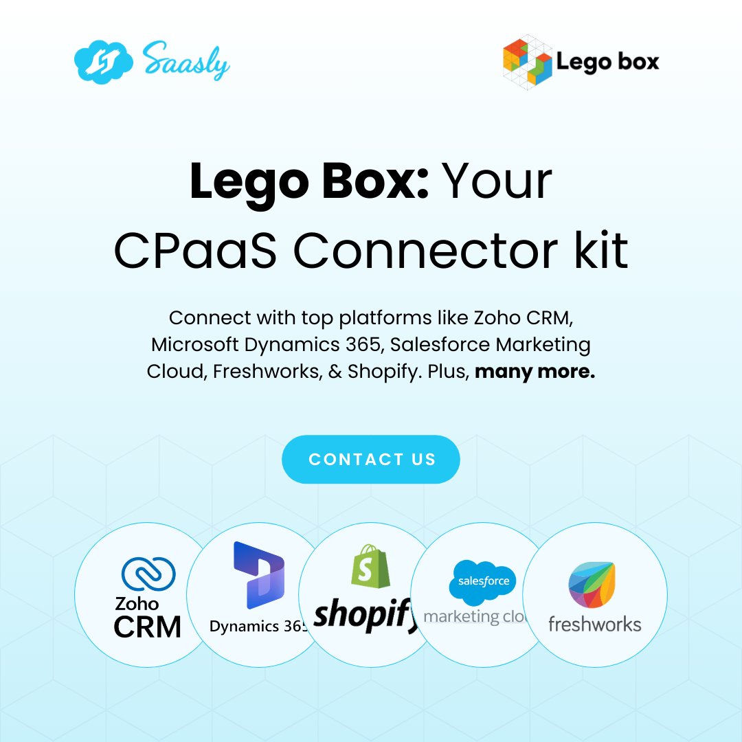 saasly_'s tweet image. Connect seamlessly with top platforms like Zoho CRM, Microsoft Dynamics 365, Salesforce Marketing Cloud, Freshworks, Shopify, and many more!

#CPaaS #IntegrationSimplified #Automation #TechInnovation #Zoho #Salesforce #MicrosoftDynamics #Freshworks #Shopify #LegoBox #Saasly