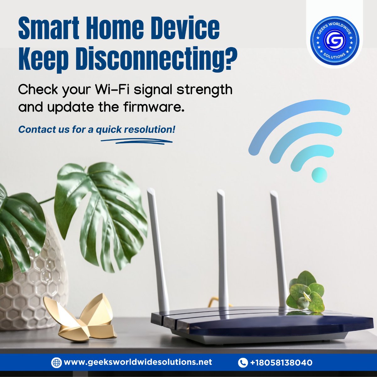 geeksolutioninc's tweet image. Does your smart home device keep disconnecting Time to check that Wi-Fi signal or update your firmware! 
Contact us for a speedy fix! 
📞 +18058138040
#WiFiFix #TechHelp #SmartHomeSupport #FirmwareUpdate #StayConnected #TechSolutions #HomeAutomation #WiFiIssues #NetworkSupport