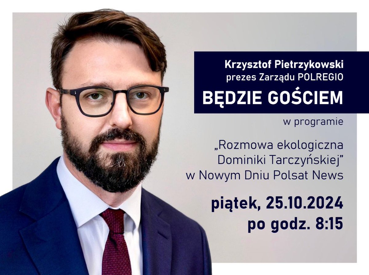 W piątek 25.10 tuż po 8:15 prezes Zarządu <a href="/POLREGIO_PL/">POLREGIO</a> Krzysztof Pietrzykowski będzie gościem programu Rozmowa ekologiczna <a href="/DominikaMizersk/">Dominika Tarczyńska</a> w Nowym Dniu <a href="/PolsatNewsPL/">PolsatNews.pl</a>.