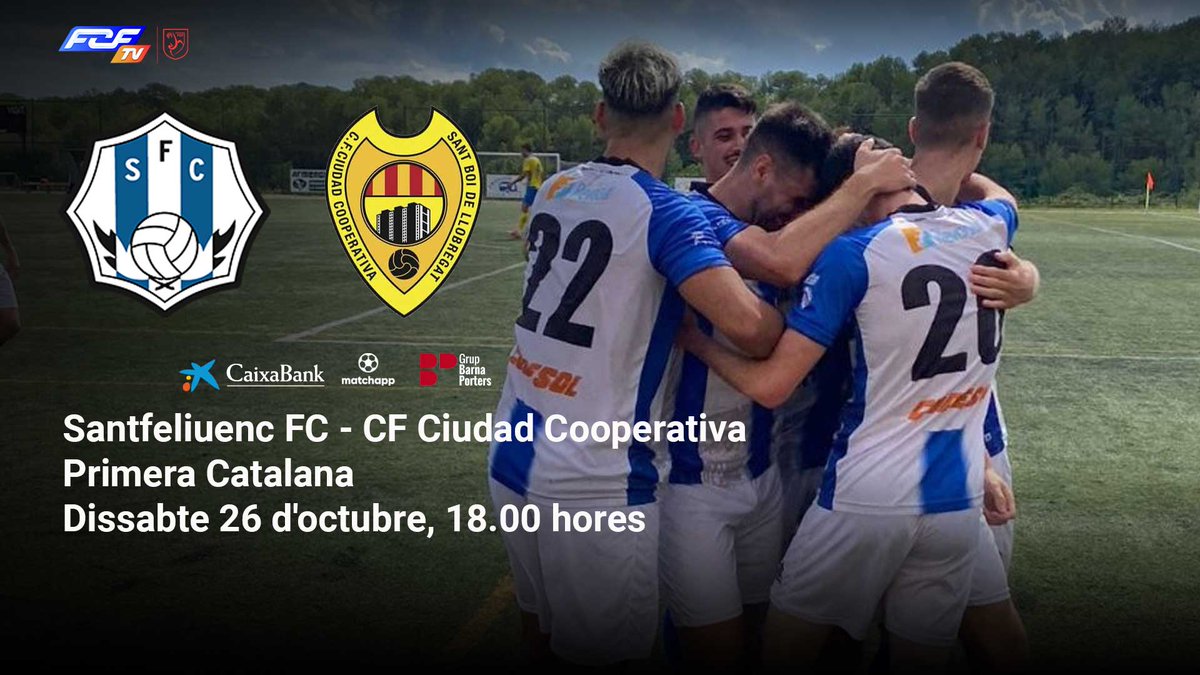 💥 La Primera Catalana es viu a l'#FCFTV

⚽️ <a href="/SantfeliuencFC/">Santfeliuenc Futbol Club</a> 🆚 CF Ciudad Cooperativa 

🏆 J6 | #1cat3
📆 Dissabte 26 d'octubre
⏰ 18.00 hores

📺 fcf.tv

🔗 Més a fcf.cat/noticia/santfe…

#FCFTV #futbolcat
