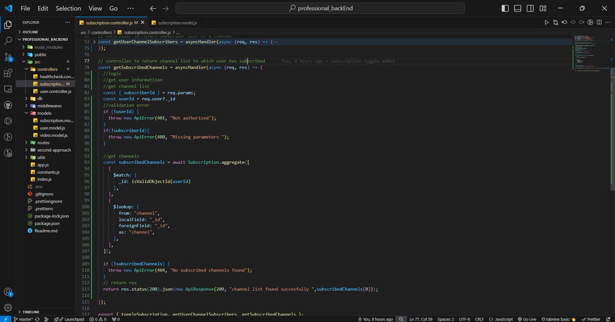 tilakdotcom's tweet image. Today’s backend progress:
🛠️ Added a subscription route &amp;amp; controllers
🔍 Used $lookup and $match with MongoDB aggregation
🐛 Fixed bugs for smoother performance!
Onwards! 💻✨ #NextjsDeveloper #BackendDev #MongoDB #Coding