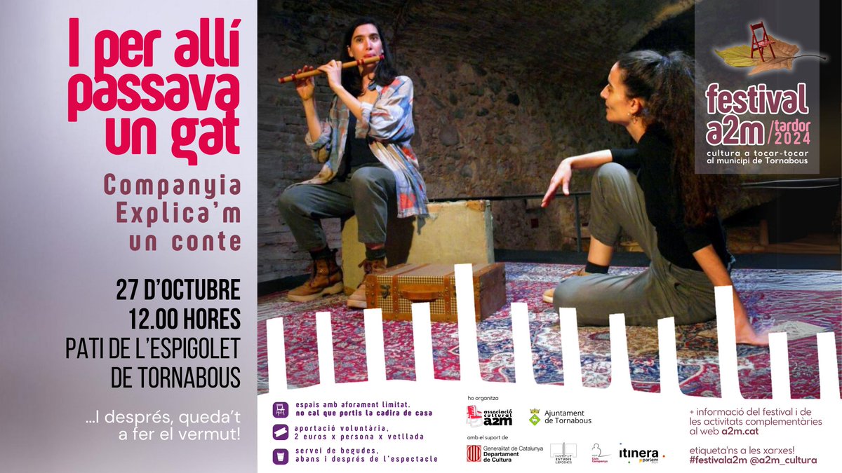🪑 Aquest diumenge, toca #festivala2m! Vine al Pati de l’Espigolet de #Tornabous
Històries de la literatura popular catalana amb un toc especial.
👉 Aportació voluntària: 2 €
👉 Aforament limitat: el 1r que arriba, seu!
👉 I després... vermut! 🍸
#EscenaFamiliar #TeatreFamiliar