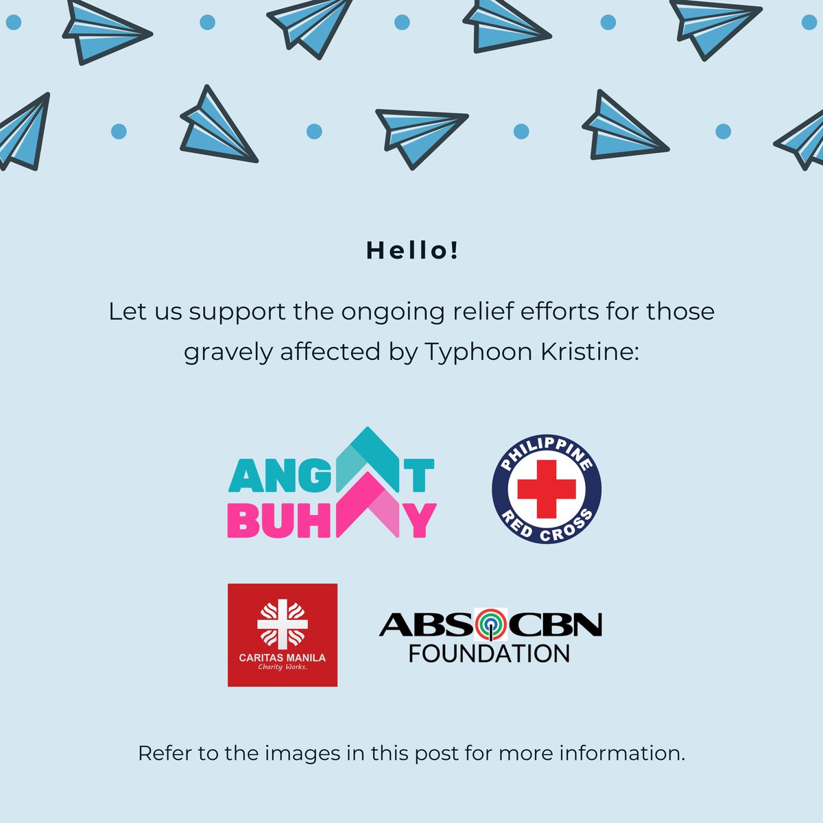 BenAndBenMusic's tweet photo. Keep safe, Liwanag 🙏 Let us support the ongoing relief efforts for those gravely affected by Typhoon Kristine. We will also accept in-kind donations at the Liwanag House in Robinsons Galleria Ortigas, which will be transported to the efforts from these foundations. 

Refer to the images in this post for more information.