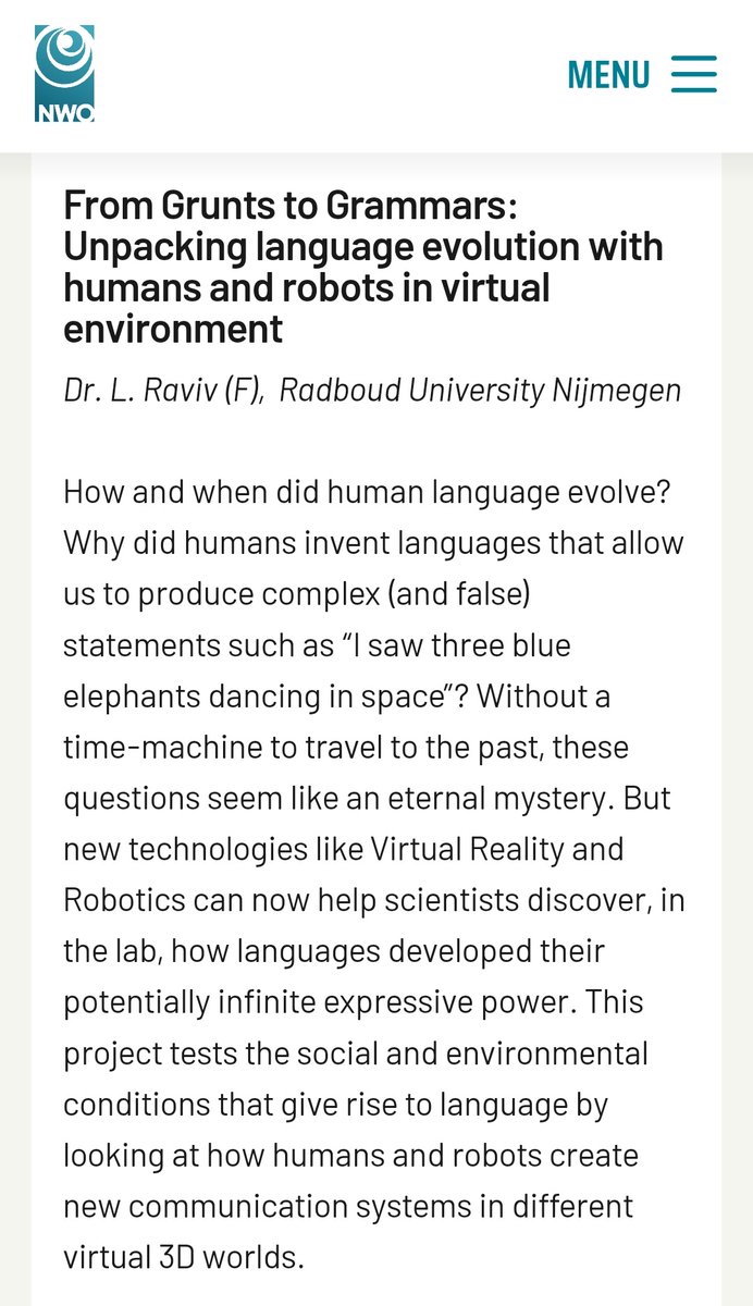 Dr. Limor Raviv 🦄🤗🐘🦒 (@limor_raviv) on Twitter photo Extremely honored to receive the NWO Vidi grant, which will be devoted to unpacking the origins of human language (and particularly, the evolution of compositionality and lying) using state-of-the-art virtual reality & swarm robotics tools at <a href="/Radboud_Uni/">Radboud University</a> 🙏🥹🎉 Watch this space! Extremely honored to receive the NWO Vidi grant, which will be devoted to unpacking the origins of human language (and particularly, the evolution of compositionality and lying) using state-of-the-art virtual reality & swarm robotics tools at <a href="/Radboud_Uni/">Radboud University</a> 🙏🥹🎉 Watch this space!