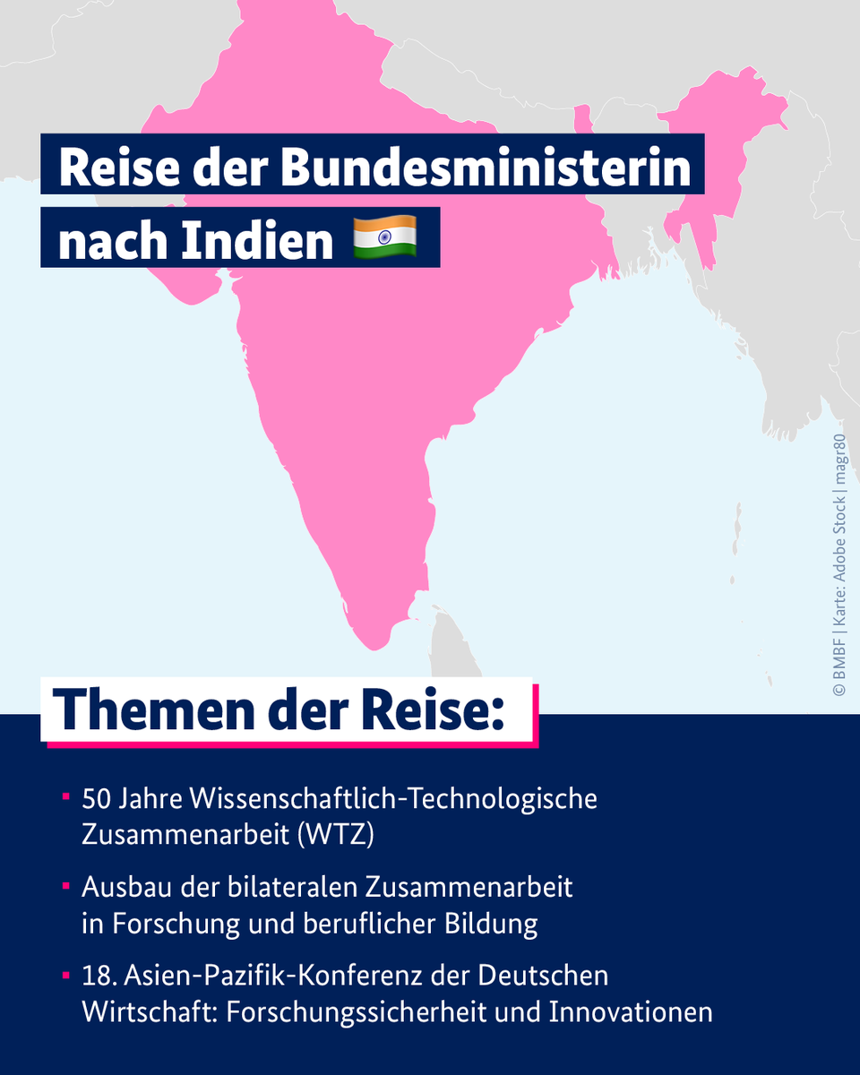 BM <a href="/starkwatzinger/">Bettina Stark-Watzinger</a> reist vom 24. bis 26.10. nach #Indien. Die wichtigsten Themen ihrer Reise: 50 Jahre #WTZ, Kooperation in Forschung und beruflicher Bildung, #Forschungssicherheit und #Innovationen. 🇩🇪 🇮🇳