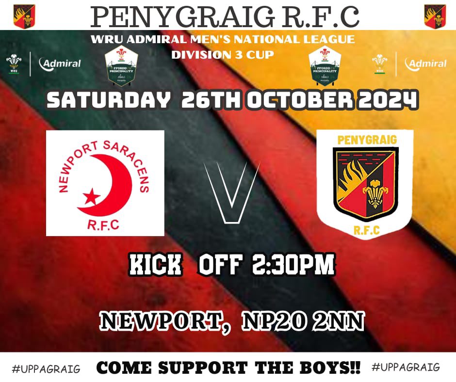 🏆CUP GAME🏆
🕖  𝑲𝒊𝒄𝒌 𝑶𝒇𝒇  2:30𝒑𝒎! 🕖
🏟   Newport   🏟
📍 NP20 2NN📍
𝗖𝗼𝗺𝗲 &amp; 𝗦𝘂𝗽𝗽𝗼𝗿𝘁 𝗧𝗵𝗲 𝗕𝗼𝘆𝘀!
#UPPAGRAIG #𝗣𝗲𝗻𝘆𝗴𝗿𝗮𝗶𝗴𝗿𝗳𝗰 #roadtotheprincipality