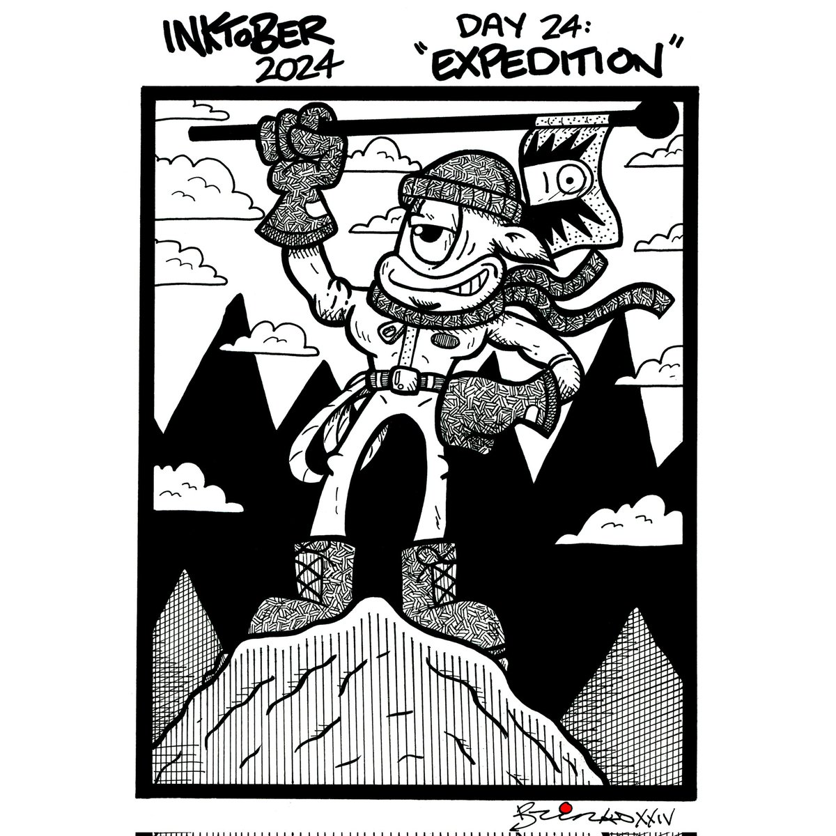 Mr_Brinks's tweet photo. Inktober 2024 - Day 24: "Expedition"
.
Today I drew an alien going on an expedition to climb the peak of a mountain. My son Dash drew a very nice sailing ship and my other son Kylar drew a mountain range. https://t.co/nZR8ASi6eH