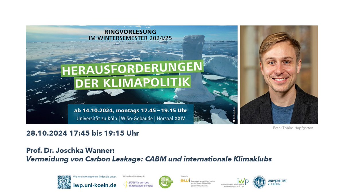 Wir freuen uns, in unserer Ringvorlesung "Herausforderungen der Klimapolitik" in Zusammenarbeit mit dem <a href="/ewi_koeln/">EWI</a>  kommenden Montag @JoschkaWanner zu Gast zu haben! Das Thema seines Vortrags ist "Vermeidung von Carbon Leakage: CBAM und internationale Klimaklubs".