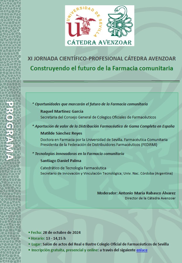 XI Jornada Científico-Profesional <a href="/CAvenzoar/">Cátedra Avenzoar</a> - 28 de octubre de 2024 e el Salón de Actos del <a href="/COF_Sevilla/">COF Sevilla</a>