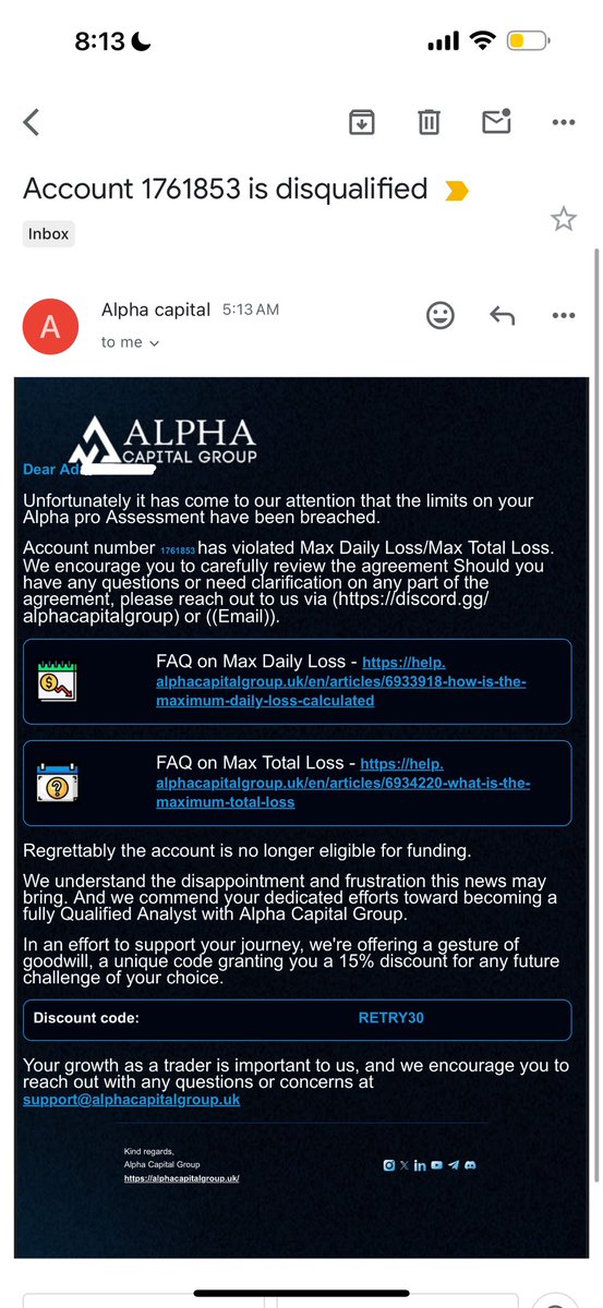 *Alpha Capital $14K Payout Denied* 👇

Made $14K profit on my funded account, but <a href="/AlphaCapitalUK/">Alpha Capital Group</a> denied the majority of it AND breached my account.

Why? Something they refer to as a “soft breach” for entering a trade not within 2 or 3 minutes after red folder but instead, 15