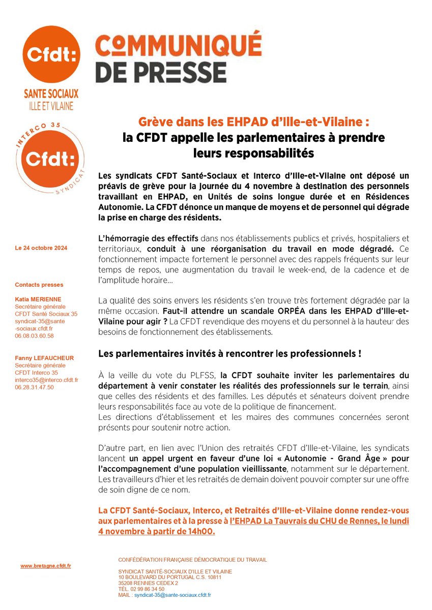 Devant la situation de + en + dégradée des #EHPAD en Ille-et-Vilaine, la <a href="/CFDT/">CFDT</a> appelle les parlementaires du département à prendre leurs responsabilités lors du vote du PLFSS. Un mouvement de grève est annoncé le 4 novembre pour les professionnels du département 🟠💪#rennes