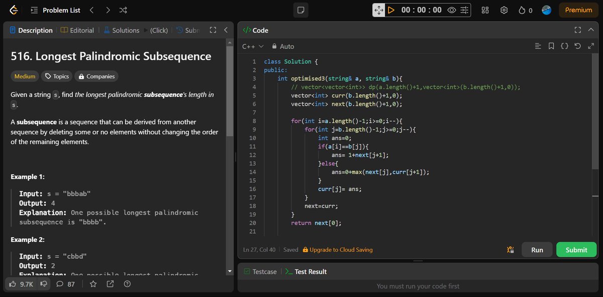atan_mehdi's tweet image. 🚀 Day 52 of #100DaysOfCode &amp;amp; #100daysoflearning

Problem: 516. Longest Palindromic Subsequence
➡️ String
➡️ Dynamic Programming

Link to the Problem: leetcode.com/problems/longe…

@LeetCode  
#LeetCode #DSA #letsconnect #LearnAndGrow