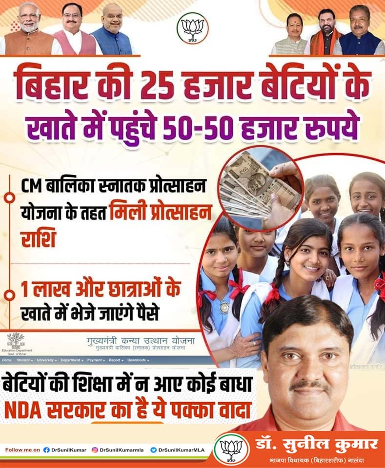 drsunilmla's tweet photo. शिक्षित बेटियाँ, सशक्त बिहार!
मुख्यमंत्री बालिका स्नातक प्रोत्साहन योजना से बेटियों के सपनों को मिल रही नई उड़ान, 25 हजार बेटियों को मिली 50-50 हजार रुपये की प्रोत्साहन राशि।
#BiharkiNDAsarkar #biharsharifvidhansabha #development #developmentbihar #नालंदा https://t.co/Qknv3xQxj1