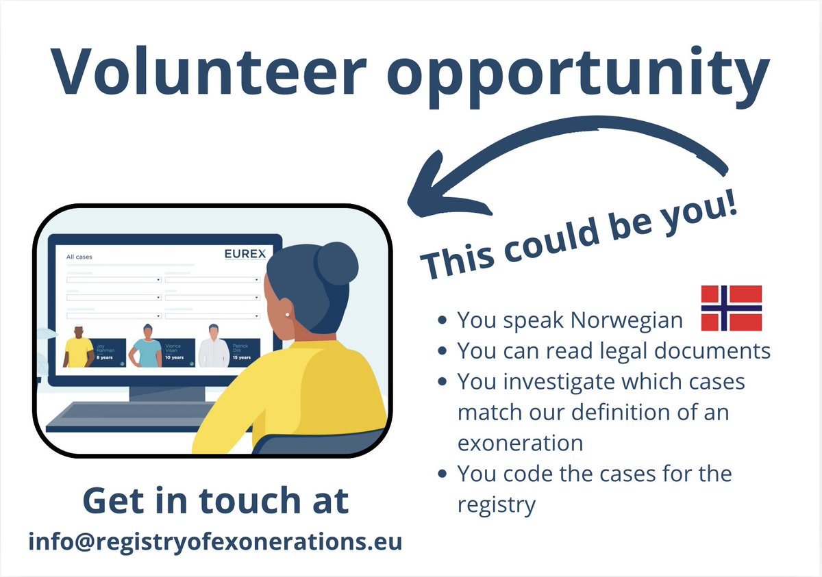 Volunteer opportunity for Norwegians! Do you want to join our team to investigate and code exoneration cases? Get in touch now!