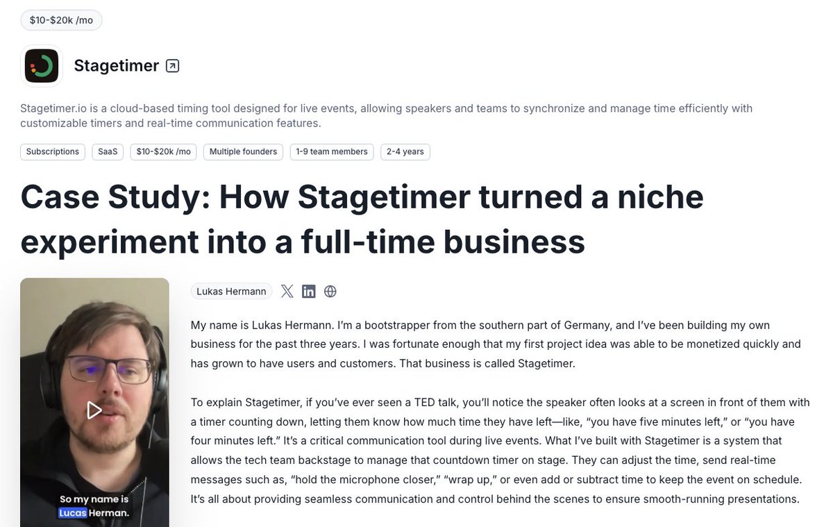 milestones_so's tweet photo. How @_lhermann got his first paying user on StageTimer, traced right back to an original Reddit post asking for feedback – hear the full story at the case study link below 👇 https://t.co/E8afhkyahd