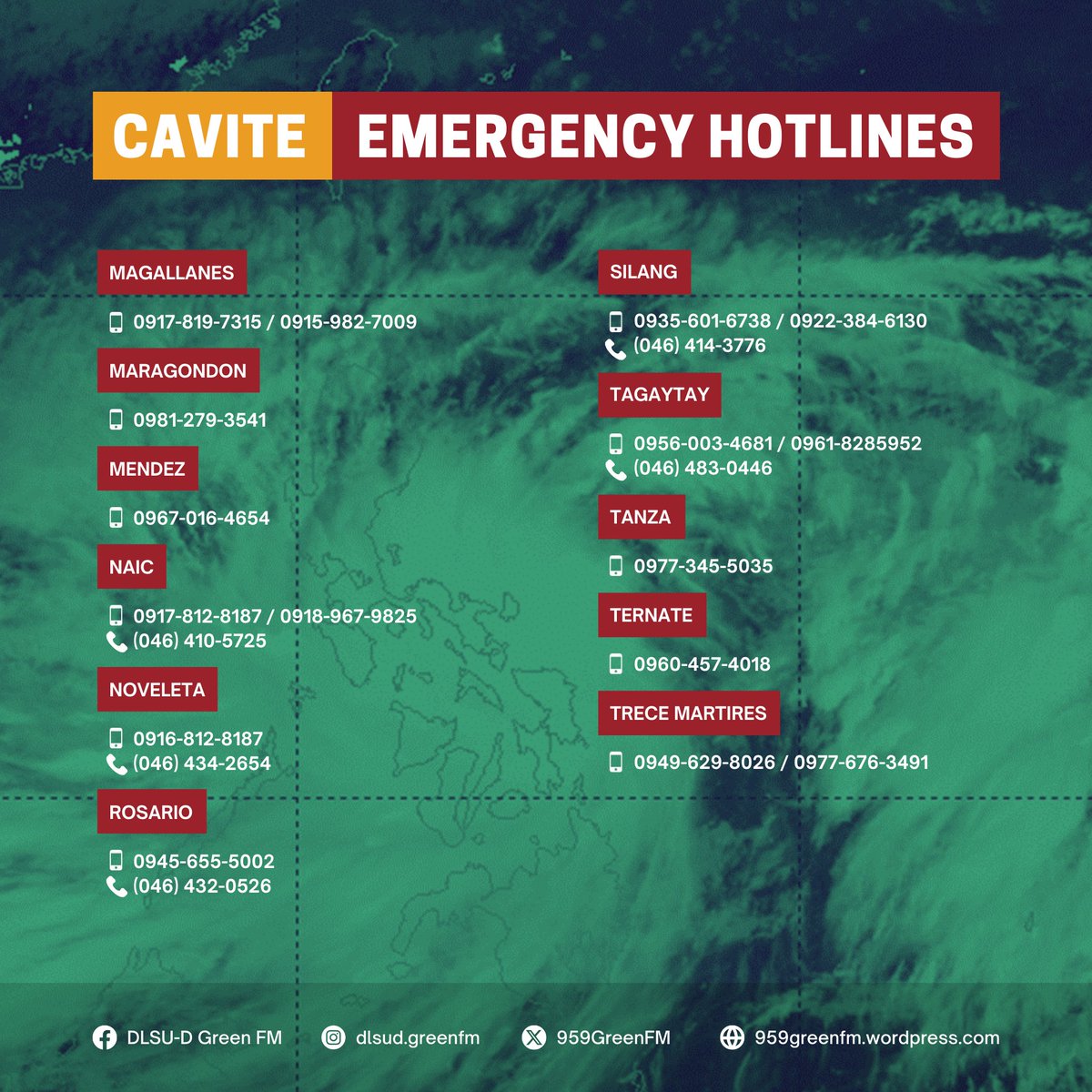 🚨𝐄𝐌𝐄𝐑𝐆𝐄𝐍𝐂𝐘 𝐇𝐎𝐓𝐋𝐈𝐍𝐄𝐒!

Be reminded of the emergency hotlines in Cavite as Typhoon Kristine hits Luzon.

Cavite continues to be in Red Alert for the rainfall warning. Intense rainfall, flooding and landslides are expected.

#GFM #KristinePH