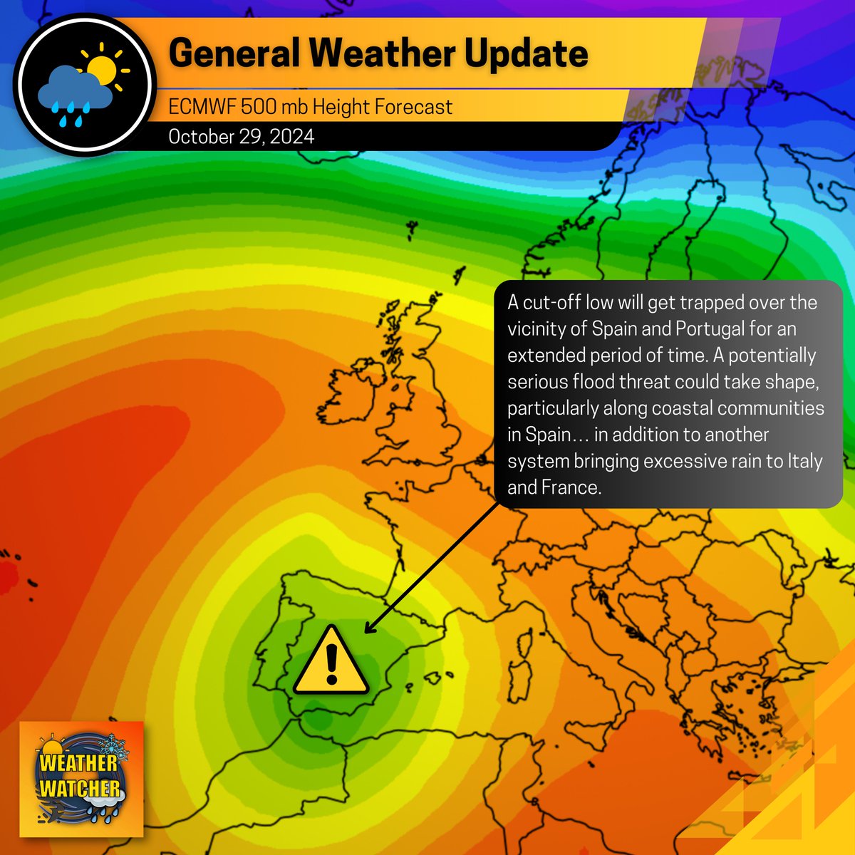 WXWatcher07's tweet photo. Thread 🧵 (1/2) • A cut-off low, also known as a “DANA”, will become a potentially serious issue for Spain in the days ahead.

The Valencia area of Spain was recently in the midst of a heavy rain event, and it looks like we won’t have to wait much longer for the next threat — this time encompassing a much larger portion of the country. The system in question is already approaching the Iberian peninsula, and it’s in the early stages of getting “cut-off” from the usual and continuous eastward flow of weather systems. If it was that simple, this threat would likely be less severe. The real problem is what happens next.

Shortly after the low collapses southward into the vicinity of Spain and Portugal by the weekend, high pressure centered over the Açores will intensify its bond with high pressure to the east, specifically over Eastern Europe, ultimately trapping this system over Iberia for the days ahead. In fact, weather models agree on this locked pattern well into next week, possibly even remaining somewhat intact by the first few days of November.

So what’s the takeaway? While most of Europe enjoys the stabilizing effect of anticyclonic influence, these same systems could prove damaging or even deadly in Spain, where relentless rainfall could affect multiple regions and communities. This doesn’t even mention the flood risk which has already begun with a *separate* disturbance over France and Italy as we speak.

Please stay tuned for the latest updates provided by this account, @Stormyalert , and other trusted sources such as AEMET. More details such as the focal point of the worst rainfall will gradually become available as we go forward. Thank you, and please take this seriously!

- Weather Watcher