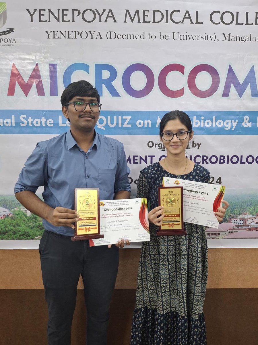 Congrats to our 2nd year MBBS students S Pranav and Snehal Mahima Castelino for bagging the 1st prize (against 44 other teams) at the 4th Annual State Level Quiz on Microbiology and Infectious Diseases "MICROCOMBAT 2024" at Yenapoya Medical College.