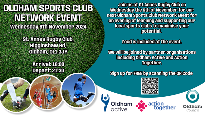 stevennield90's tweet photo. 📢Oldham Sports Club Network Event - sign up today!

We are hosting our second event for an evening of learning and support to maximise your club’s potential.

Sign up for FREE using the QR code in the flyer

Please SHARE with all Oldham Sports Clubs👍
#MoveMoreFeelBetter #Oldham https://t.co/jwZQJRPnO0