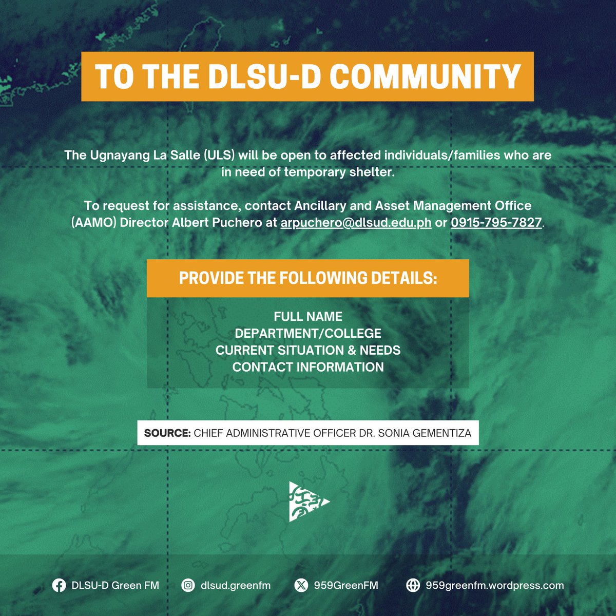 A reminder to the DLSU-D community:

The university opened the Ugnayang La Salle (ULS) to individuals and families in need of temporary shelter.

You may contact Albert Puchero or 0915-795-7827 for assistance.

#GFM #KristinePH