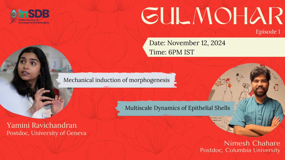 Indian Society of Developmental Biologists (@insdb_79) on Twitter photo 📢Mark your calendars!
The first set of talks in our Gulmohar series kicks off on 12 Nov, 6 PM IST.
For the first edition, we have <a href="/yamini_ravichan/">@yamini-ravichan.bsky.social</a> & <a href="/onenimesa/">Nimesh Chahare</a>.
If you would like to attend, please fill out this form and we'll share the Zoom link
forms.gle/TY3j1aUtfbdsv8… 📢Mark your calendars!
The first set of talks in our Gulmohar series kicks off on 12 Nov, 6 PM IST.
For the first edition, we have <a href="/yamini_ravichan/">@yamini-ravichan.bsky.social</a> & <a href="/onenimesa/">Nimesh Chahare</a>.
If you would like to attend, please fill out this form and we'll share the Zoom link
forms.gle/TY3j1aUtfbdsv8…