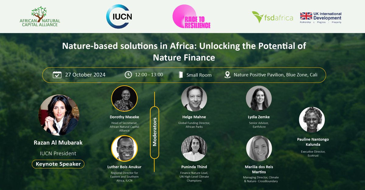 🌍 Excited to collaborate with @FSDAfrica, <a href="/IUCN/">IUCN</a>, &amp; #HighLevelClimateChampions for a roundtable on "Nature-Based Solutions in Africa: Unlocking the Potential of Nature Finance"
🔗 Register: lnkd.in/dbkHumrm
📹 Virtual: lnkd.in/essS6kQt #COP16Cololombia