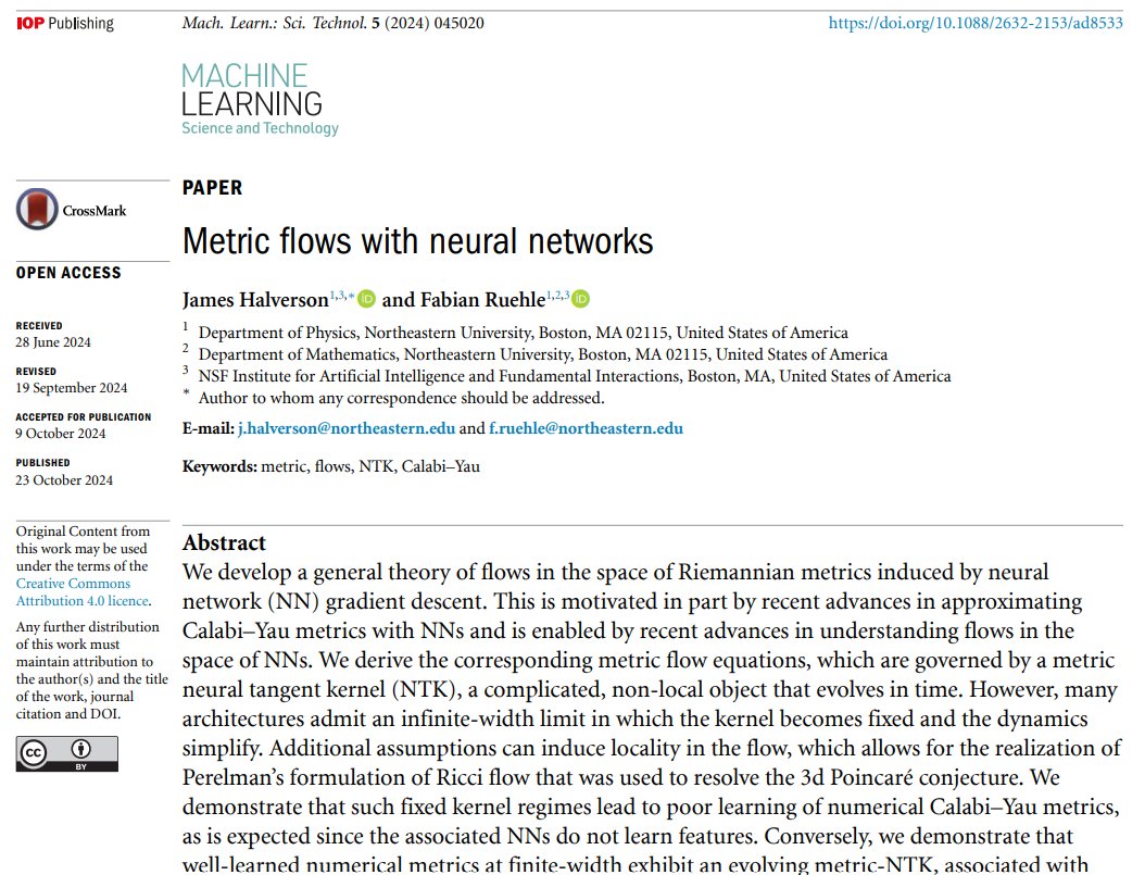 Machine Learning: Science and Technology (@mlstjournal) on Twitter photo Great new work by <a href="/jhhalverson/">Jim Halverson</a> and Fabian Ruehle <a href="/PhysicsNEU/">NortheasternPhysics</a> <a href="/NortheasternCOS/">Northeastern COS</a> <a href="/iaifi_news/">IAIFI</a> - 'Metric flows with #neuralnetworks' - iopscience.iop.org/article/10.108… #machinelearning #stringtheory #cosmology #fieldtheory #QFT #HEP #knottheory #topology #AI Great new work by <a href="/jhhalverson/">Jim Halverson</a> and Fabian Ruehle <a href="/PhysicsNEU/">NortheasternPhysics</a> <a href="/NortheasternCOS/">Northeastern COS</a> <a href="/iaifi_news/">IAIFI</a> - 'Metric flows with #neuralnetworks' - iopscience.iop.org/article/10.108… #machinelearning #stringtheory #cosmology #fieldtheory #QFT #HEP #knottheory #topology #AI